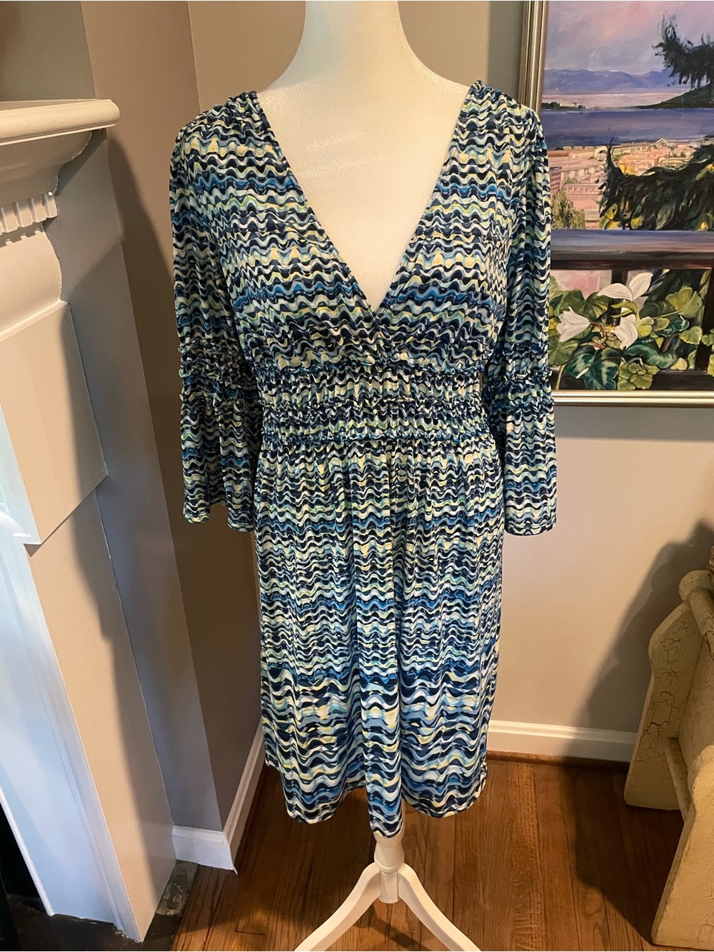 Max Studio Blue Multi-Color V-Neck Smocked Waist Dress NWOT